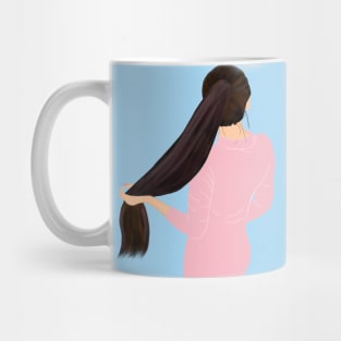 Cute Girl hiding face holding pony tail Mug